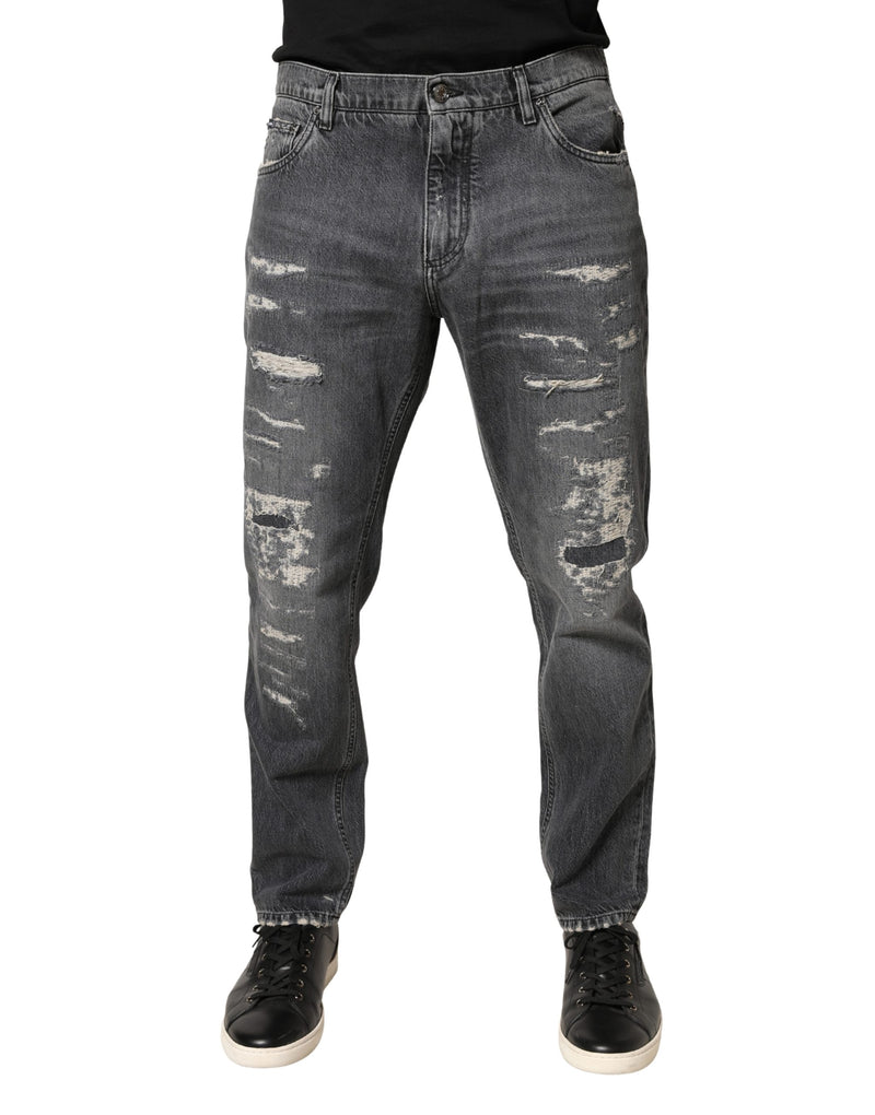 Dolce & Gabbana Donkergrijze Gescheurde Katoenen Losse Denim Jeans