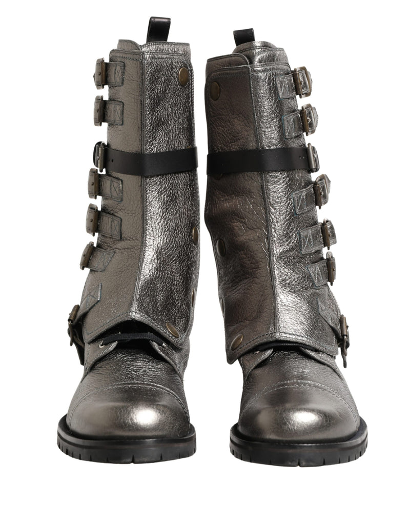 Dolce & Gabbana Metallic Silver Combat Biker Mid Calf Boots