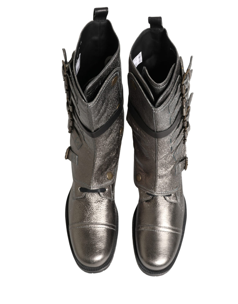 Dolce & Gabbana Metallic Silver Combat Biker Mid Calf Boots