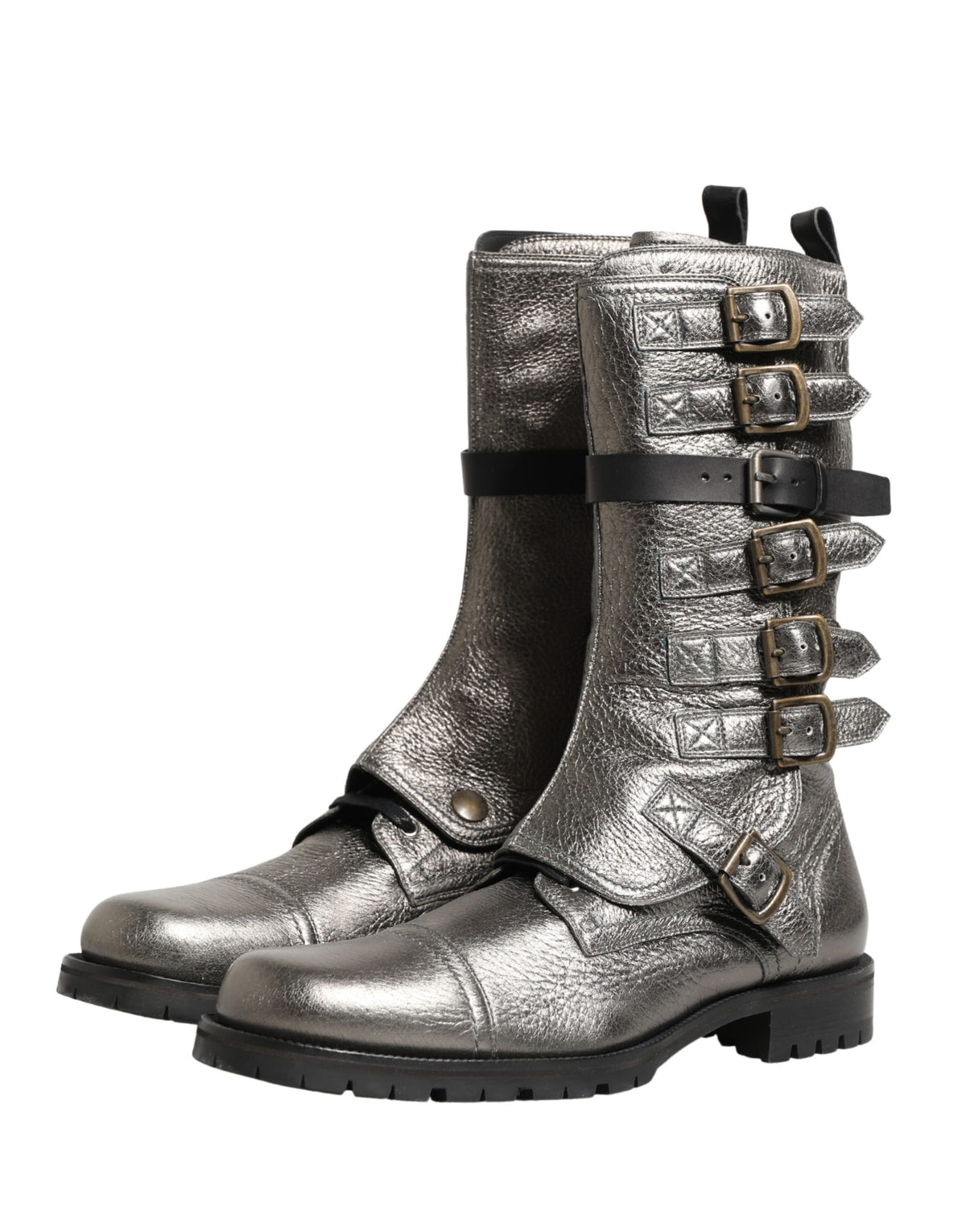 Dolce & Gabbana Metallic Silver Combat Biker Mid Calf Boots