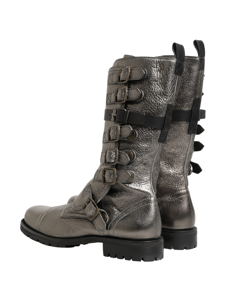 Dolce & Gabbana Metallic Silver Combat Biker Mid Calf Boots