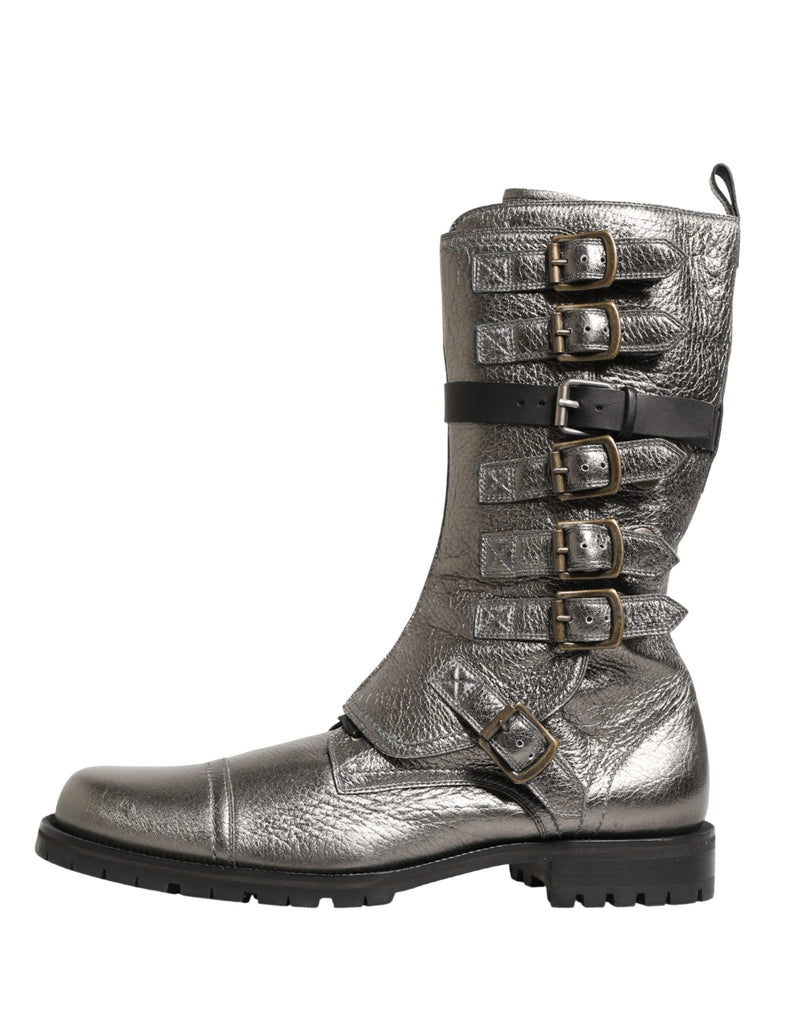 Dolce & Gabbana Metallic Silver Combat Biker Mid Calf Boots