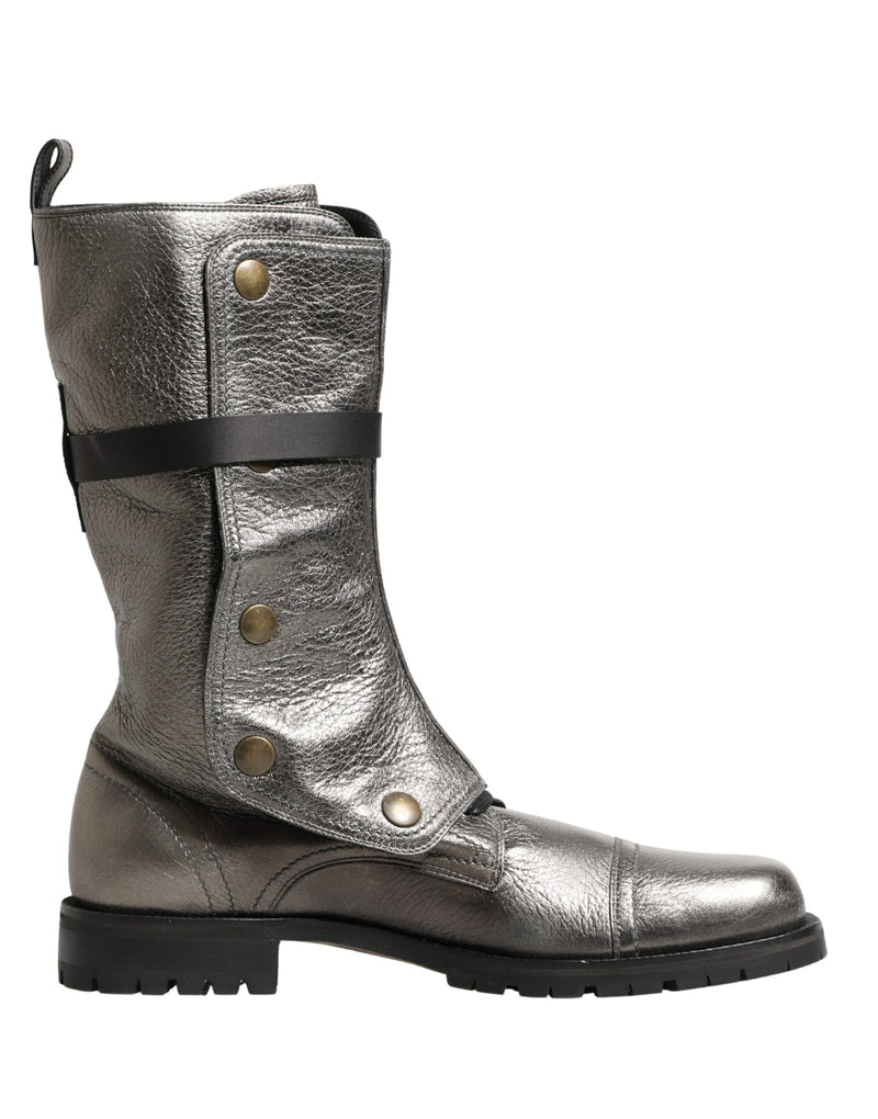 Dolce & Gabbana Metallic Silver Combat Biker Mid Calf Boots
