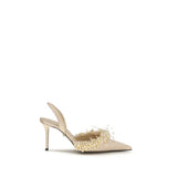 MACH & MACH Beige Silk Pumps with Rhinestone Pearls