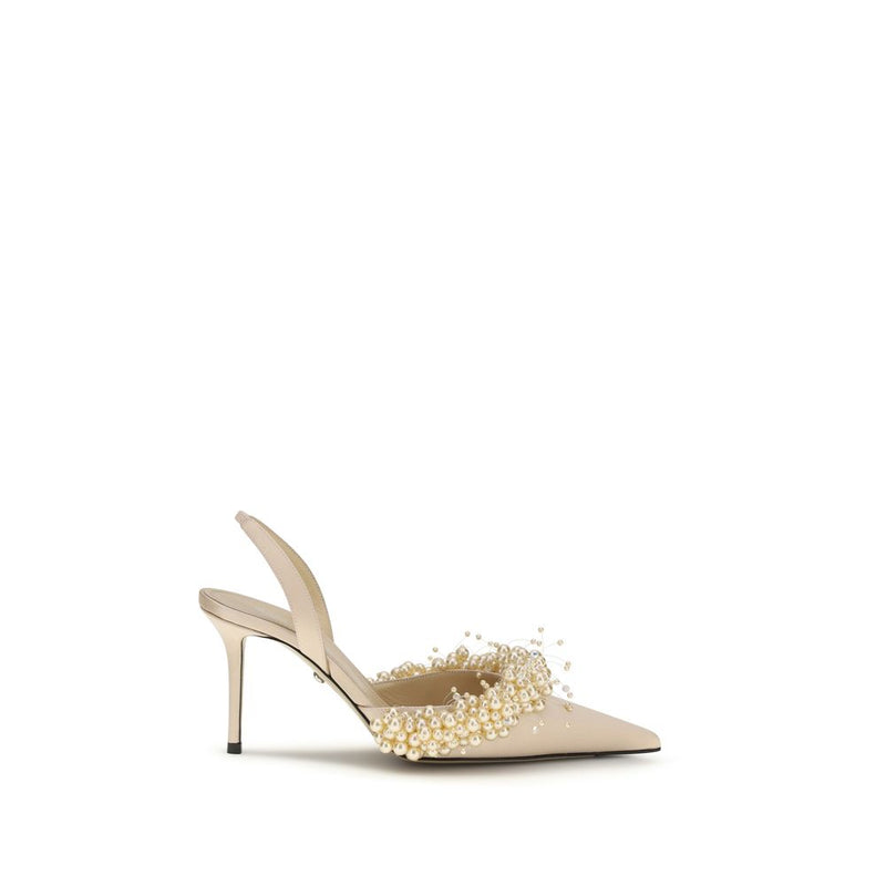 MACH & MACH Beige Silk Pumps with Rhinestone Pearls