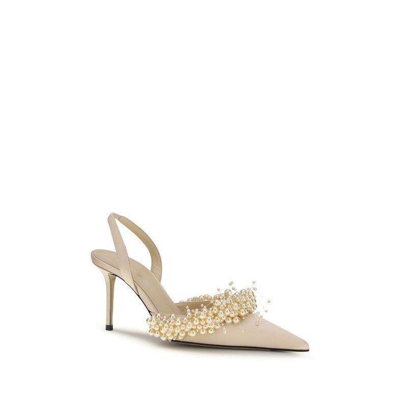MACH & MACH Beige Silk Pumps with Rhinestone Pearls