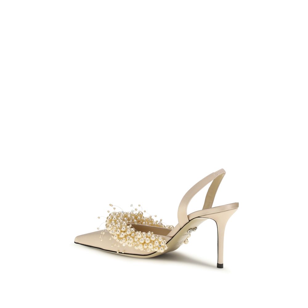 MACH & MACH Beige Silk Pumps with Rhinestone Pearls