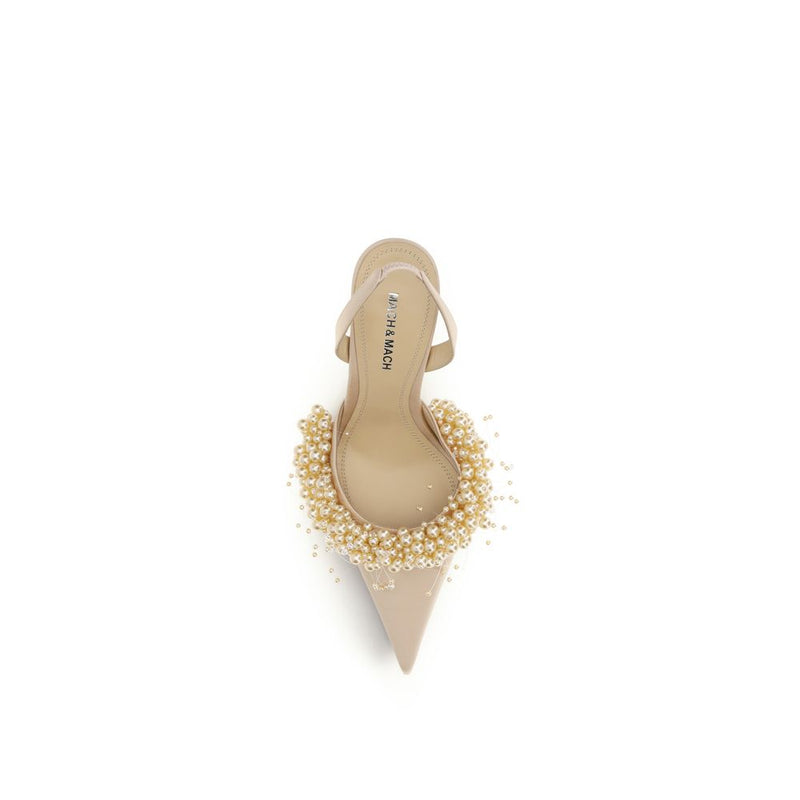 MACH & MACH Beige Silk Pumps with Rhinestone Pearls