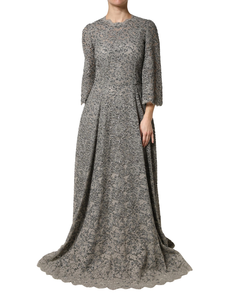 Robe Maxi à Manches Longues en Dentelle Grise Dolce & Gabbana