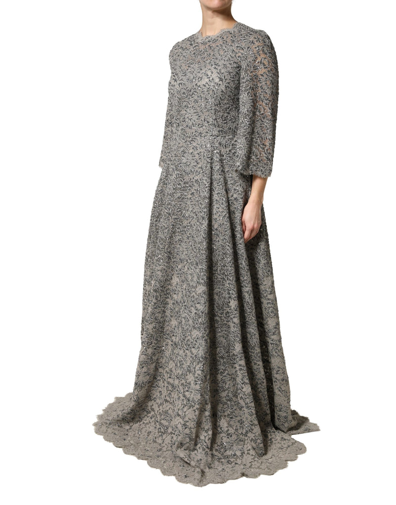 Robe Maxi à Manches Longues en Dentelle Grise Dolce & Gabbana