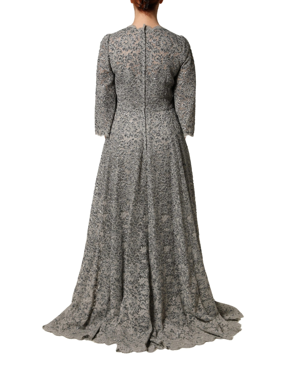 Robe Maxi à Manches Longues en Dentelle Grise Dolce & Gabbana