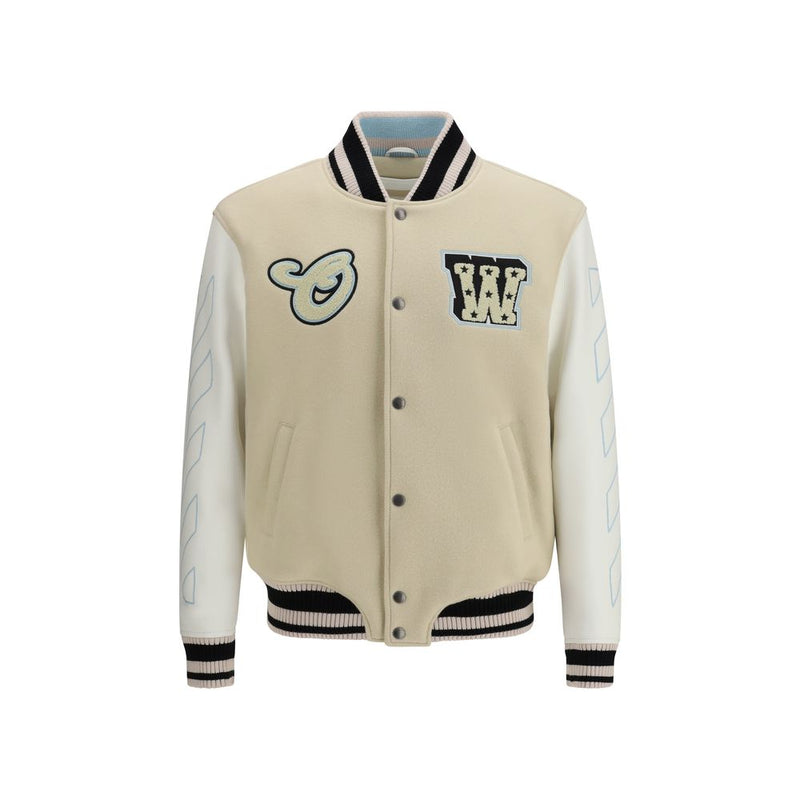 Off-White Beige Wool Bomber Jacket - Varsity Star Logo
