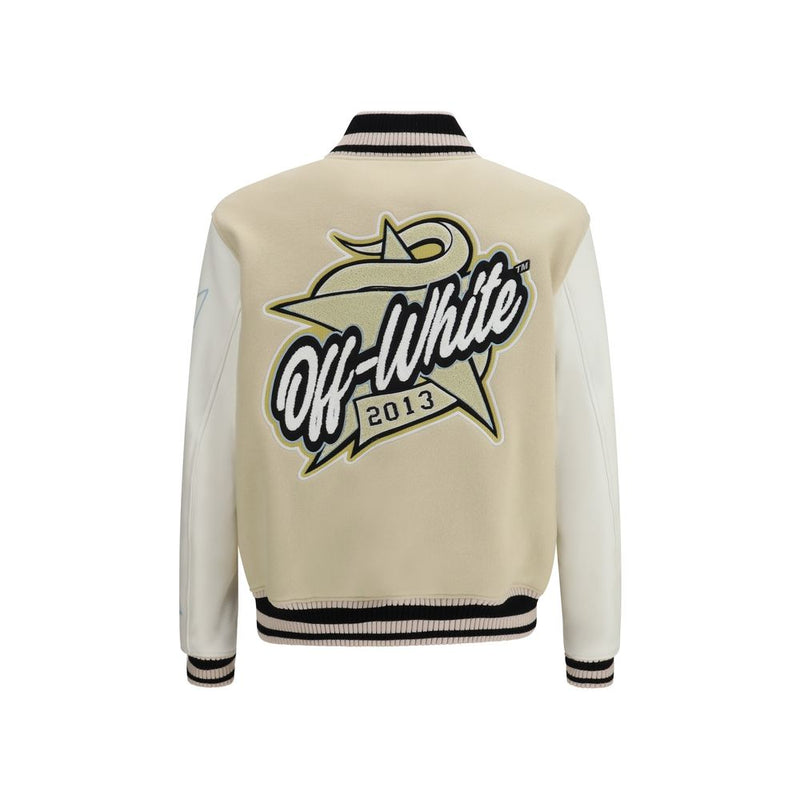 Off-White Beige Wool Bomber Jacket - Varsity Star Logo