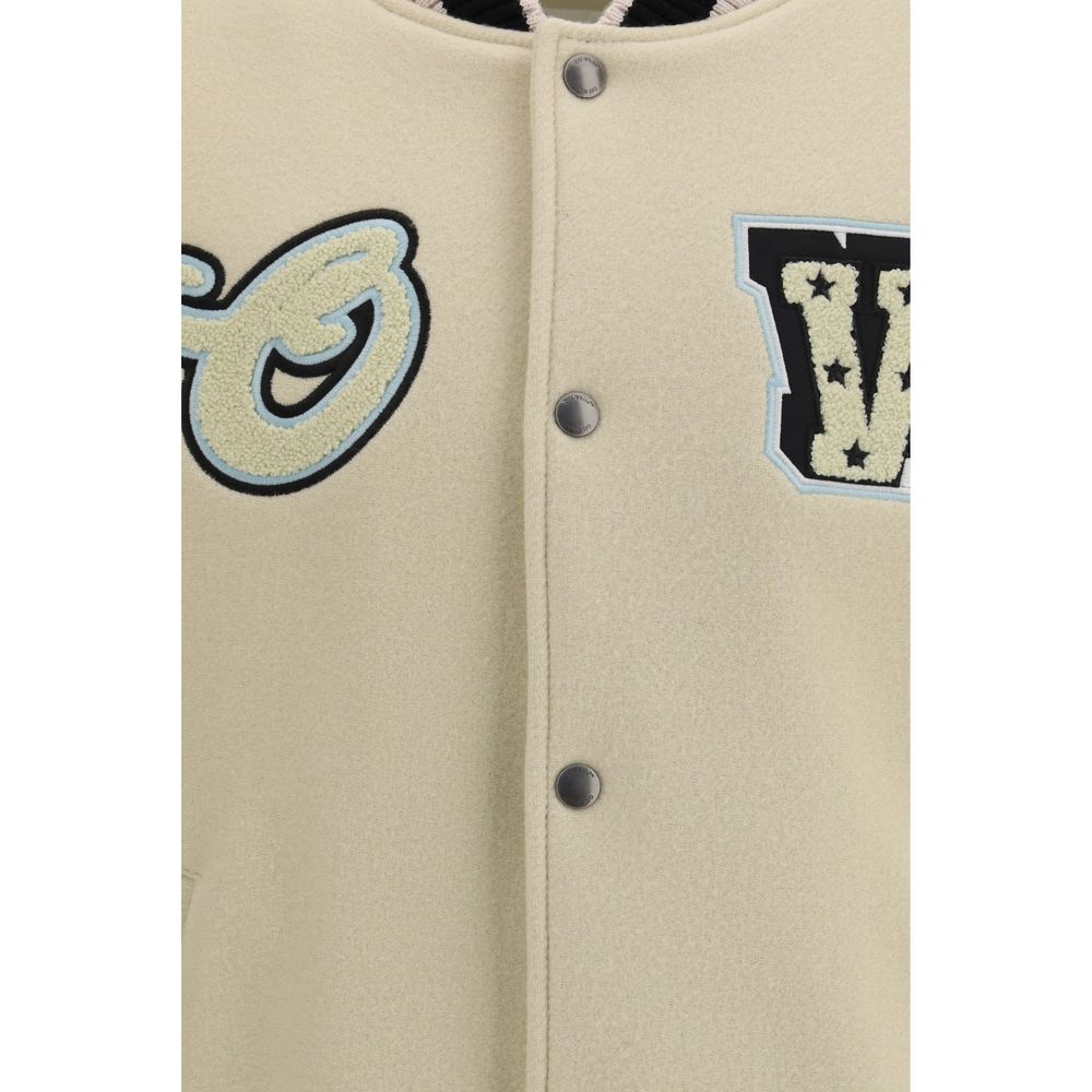 Off-White Beige Wool Bomber Jacket - Varsity Star Logo