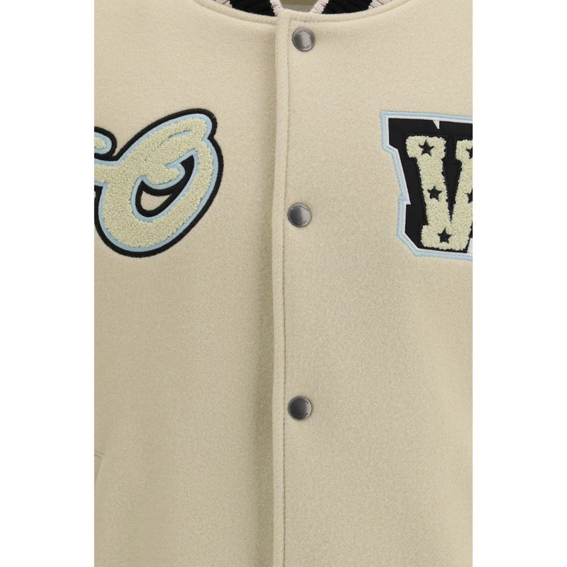 Off-White Beige Wool Bomber Jacket - Varsity Star Logo