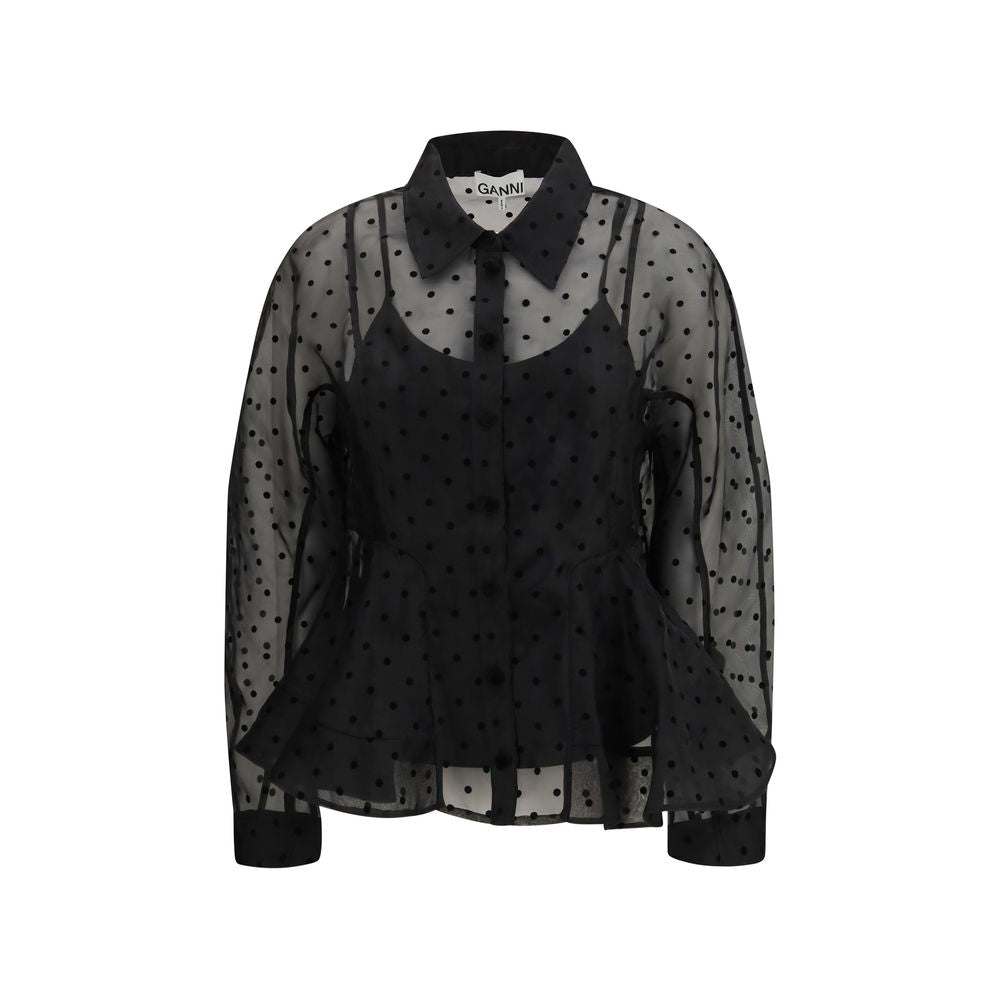 Ganni Black Recycled Polyester Polka Dot Shirt
