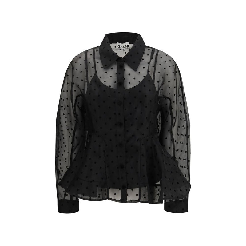 Ganni Black Recycled Polyester Polka Dot Shirt