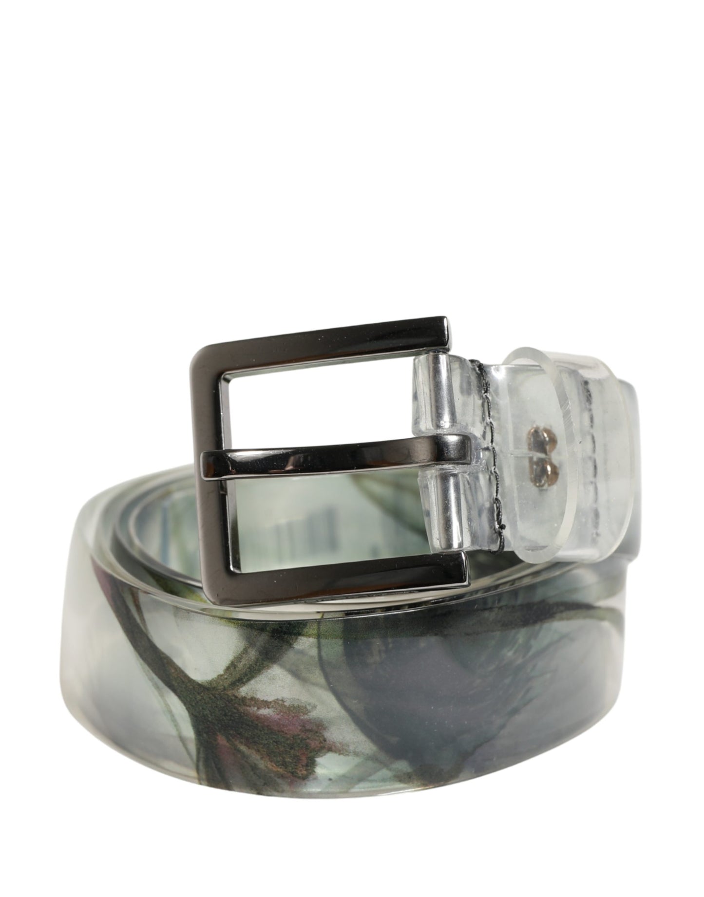 Ceinture Dolce &amp; Gabbana pour homme, blanche à motif floral, en PVC avec boucle en métal argenté