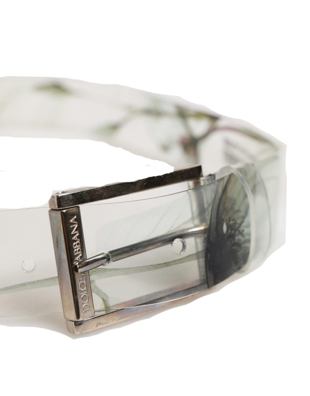 Ceinture Dolce &amp; Gabbana pour homme, blanche à motif floral, en PVC avec boucle en métal argenté
