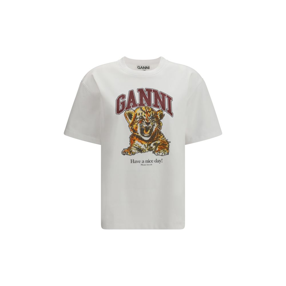 Ganni Beaded Tiger White Cotton T-Shirt