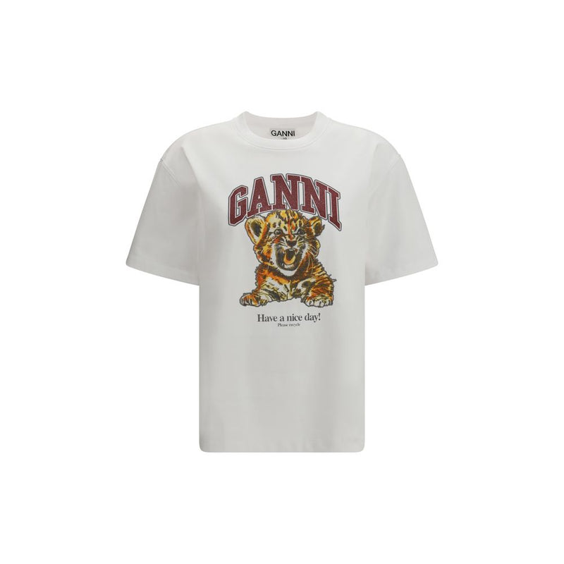 Ganni Beaded Tiger White Cotton T-Shirt