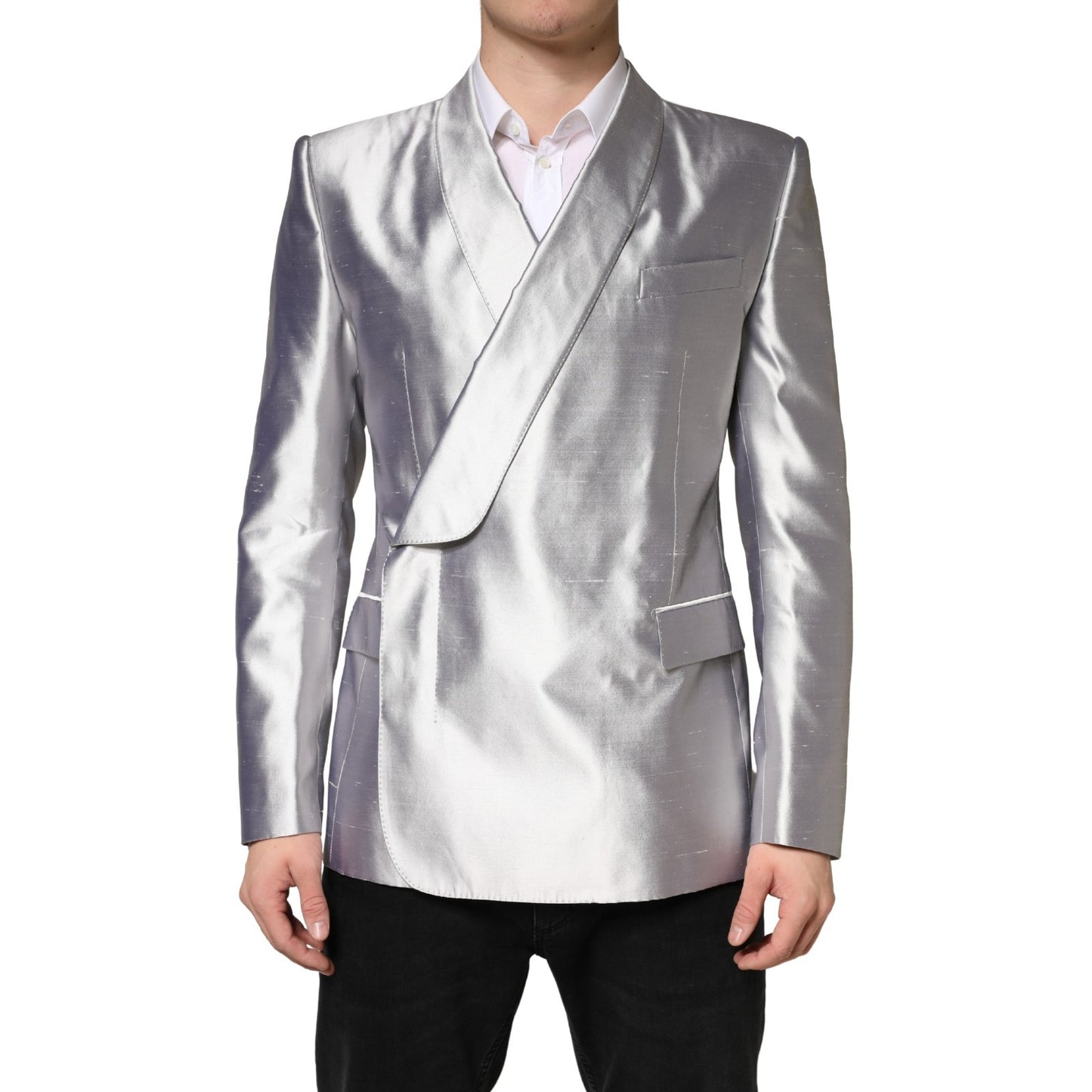 Blazer croisé en soie argentée SICILIA de Dolce &amp; Gabbana