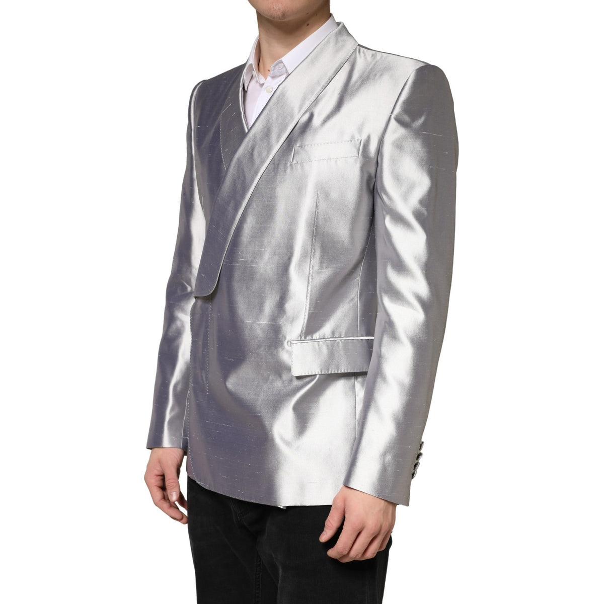 Blazer croisé en soie argentée SICILIA de Dolce &amp; Gabbana