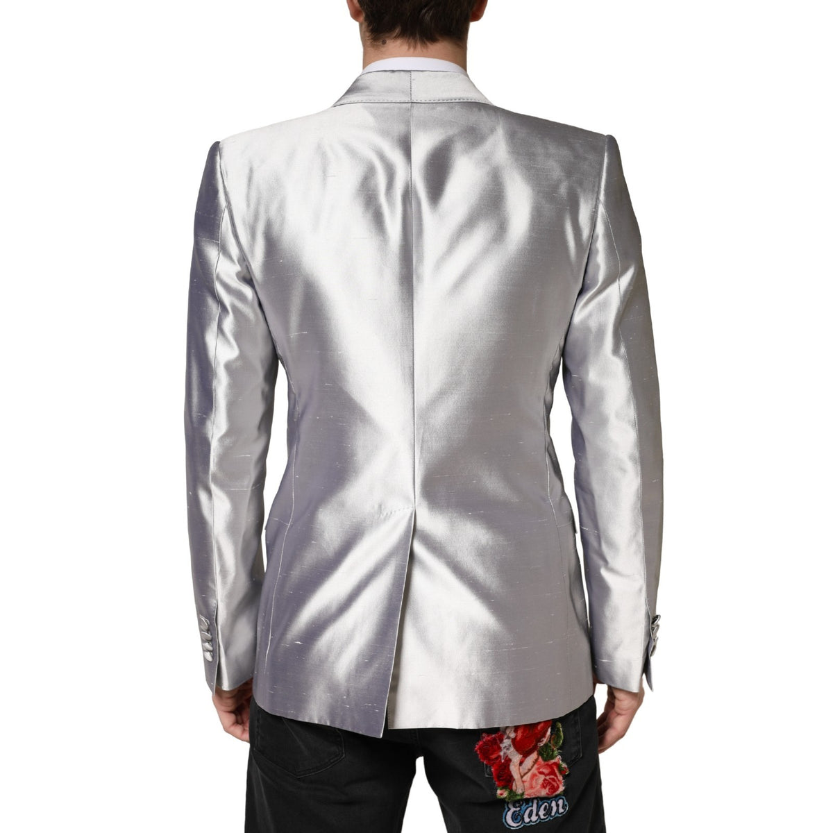 Blazer croisé en soie argentée SICILIA de Dolce &amp; Gabbana