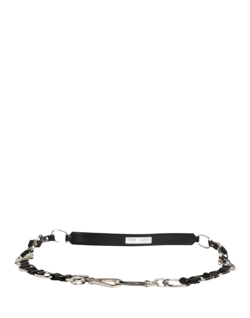 Dolce & Gabbana Black Leather Shoulder Strap with Silver Chain