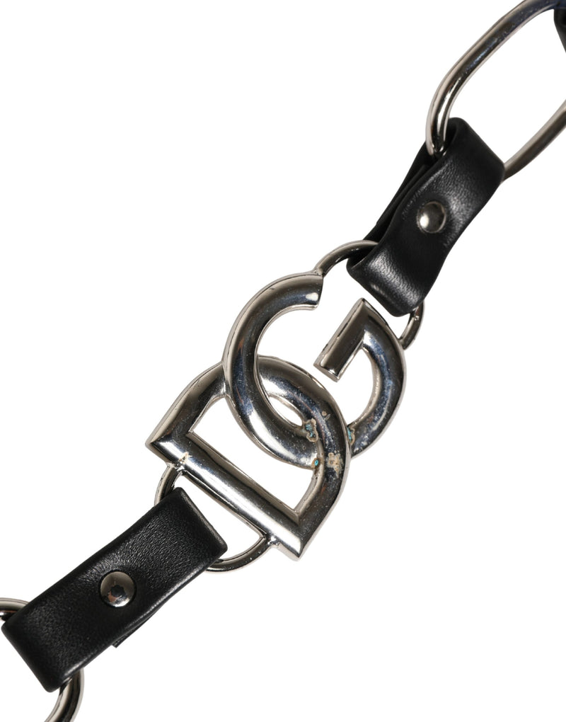 Dolce & Gabbana Black Leather Shoulder Strap with Silver Chain