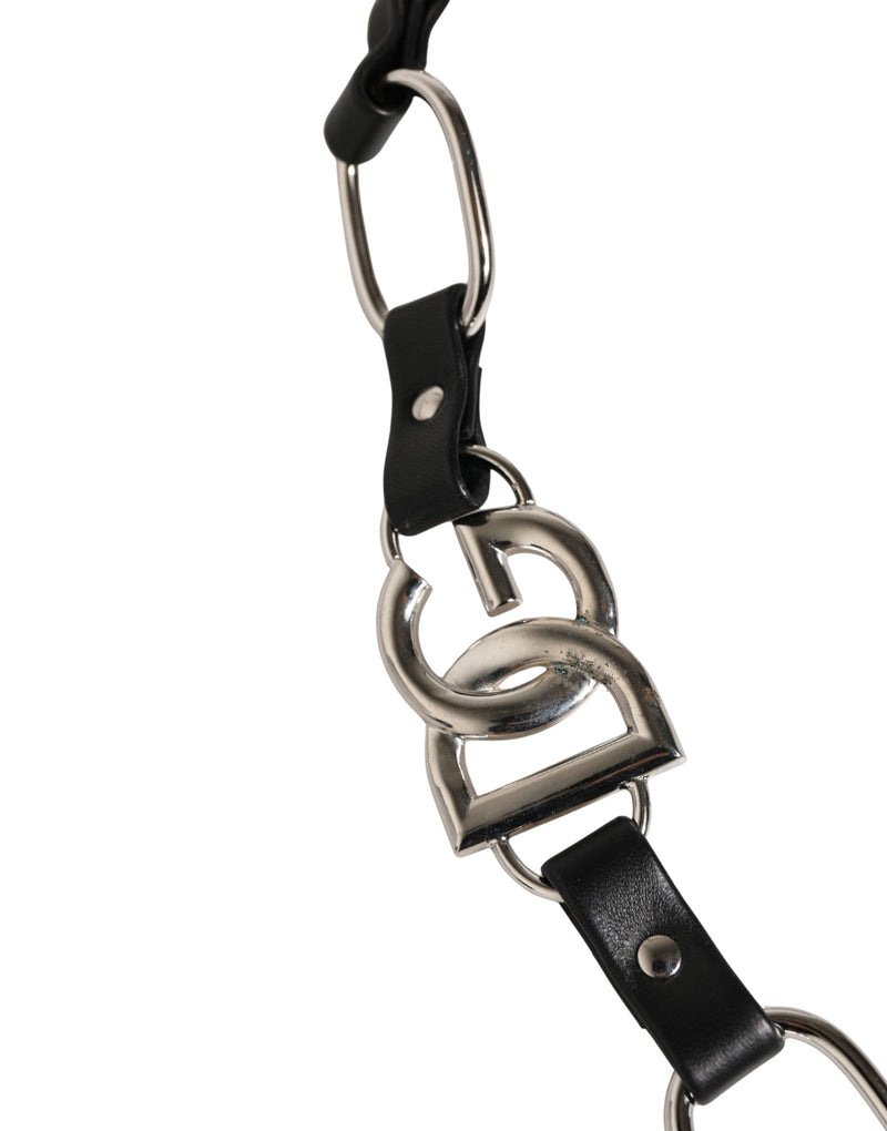 Dolce & Gabbana Black Leather Shoulder Strap with Silver Chain