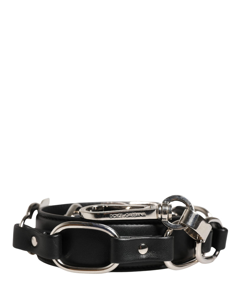 Dolce & Gabbana Black Leather Shoulder Strap with Silver Chain