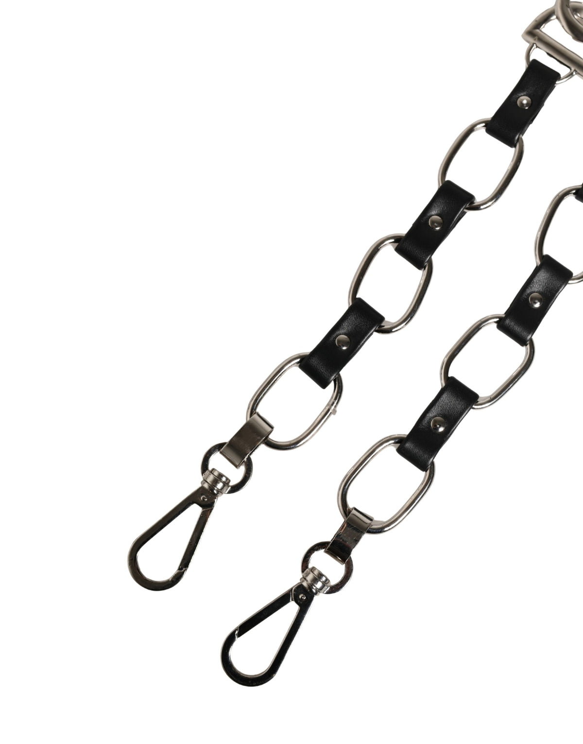 Dolce & Gabbana Black Leather Shoulder Strap with Silver Chain