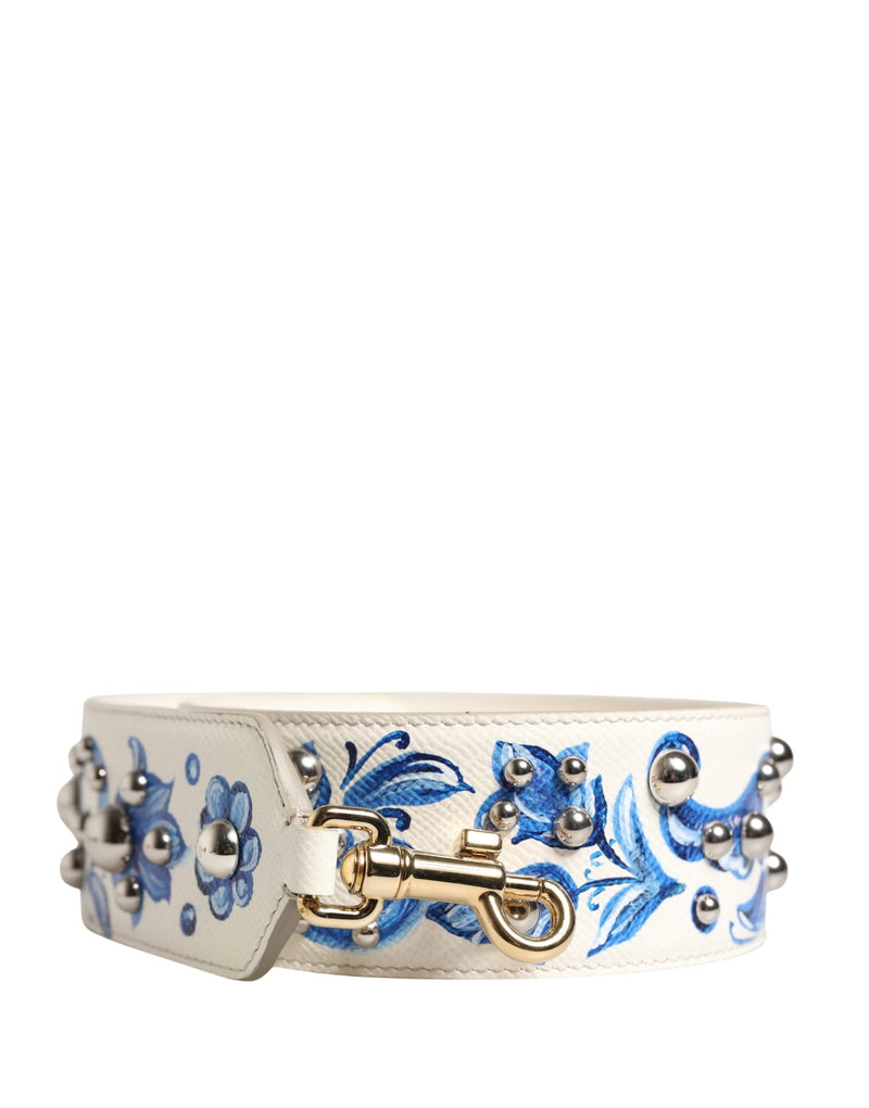 Dolce & Gabbana White Blue Floral Leather Stud Shoulder Strap