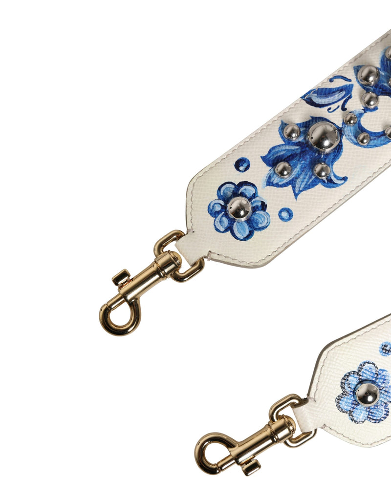 Dolce & Gabbana White Blue Floral Leather Stud Shoulder Strap