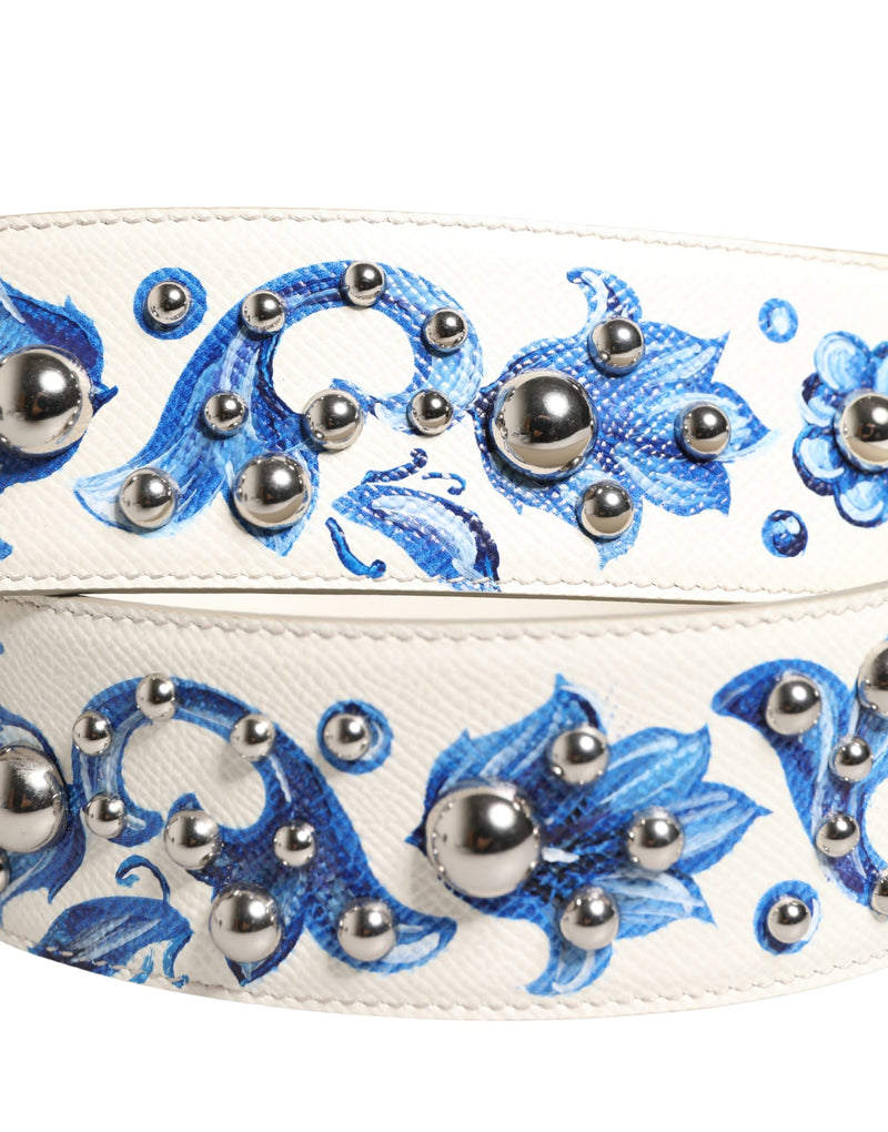 Dolce & Gabbana White Blue Floral Leather Stud Shoulder Strap