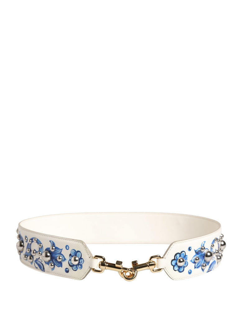 Dolce & Gabbana White Blue Floral Leather Stud Shoulder Strap