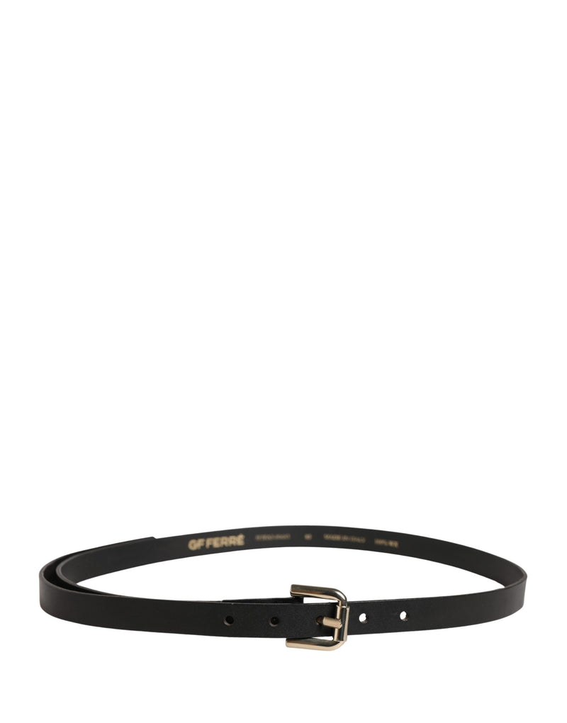 GF Ferre Black Leather Slim Belt with Gold Tone Buckle
