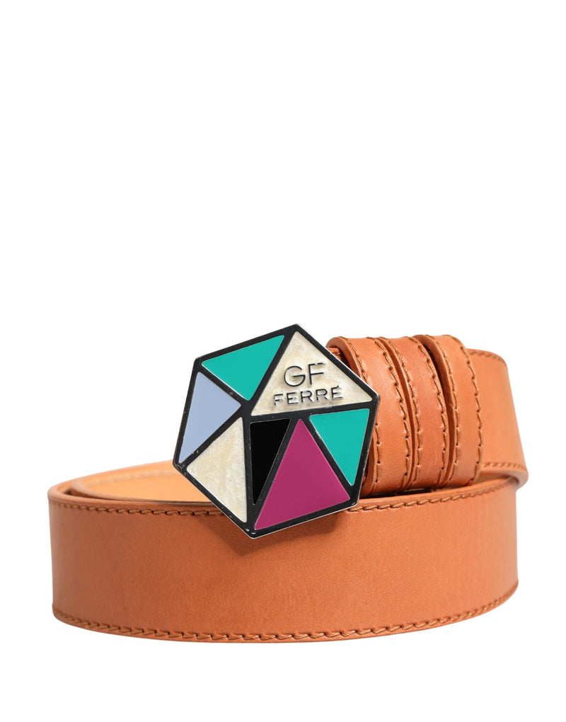 GF Ferre Orange Leather Hexagon Metal Buckle Waist Belt for Women
