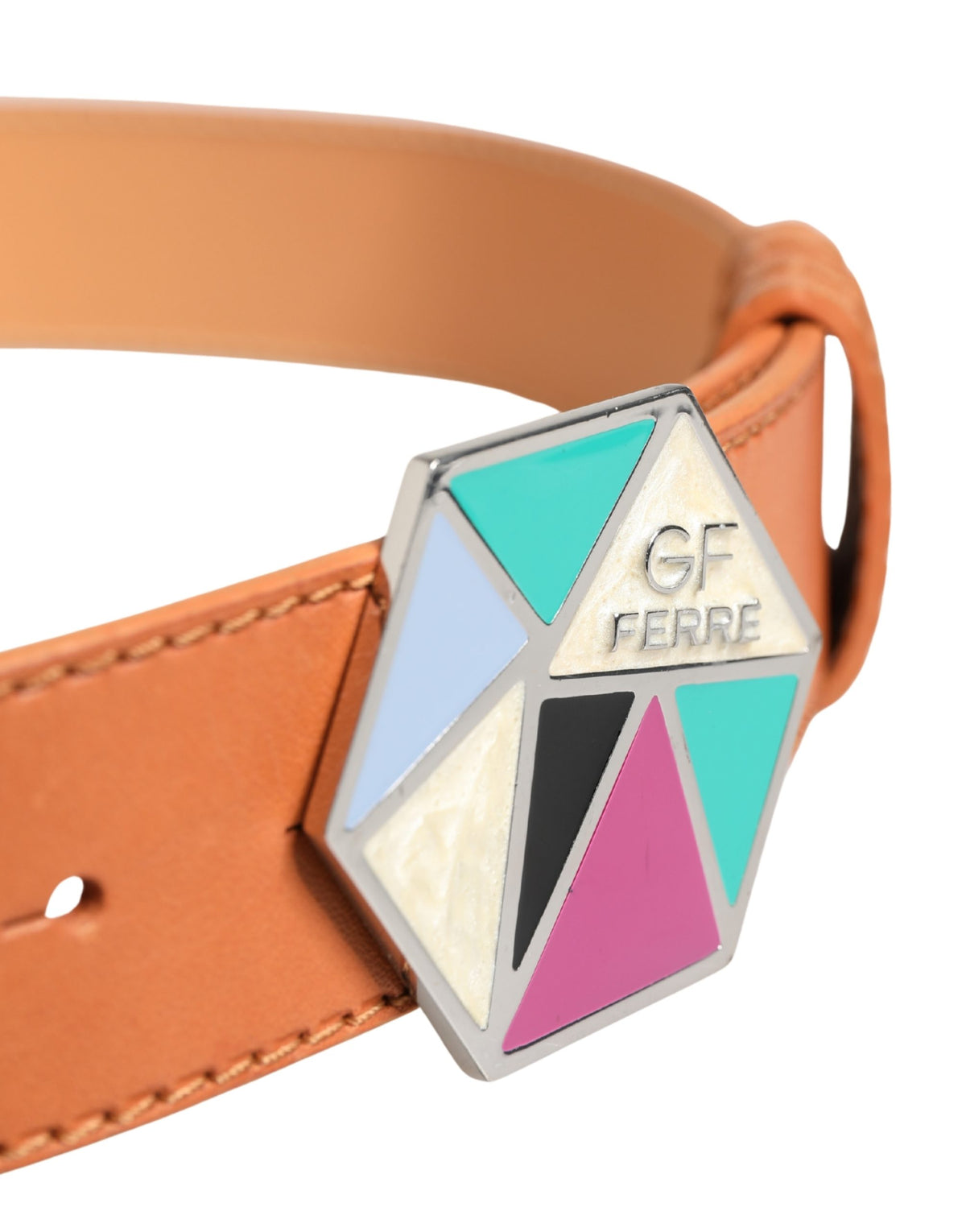 GF Ferre Orange Leather Hexagon Metal Buckle Waist Belt for Women