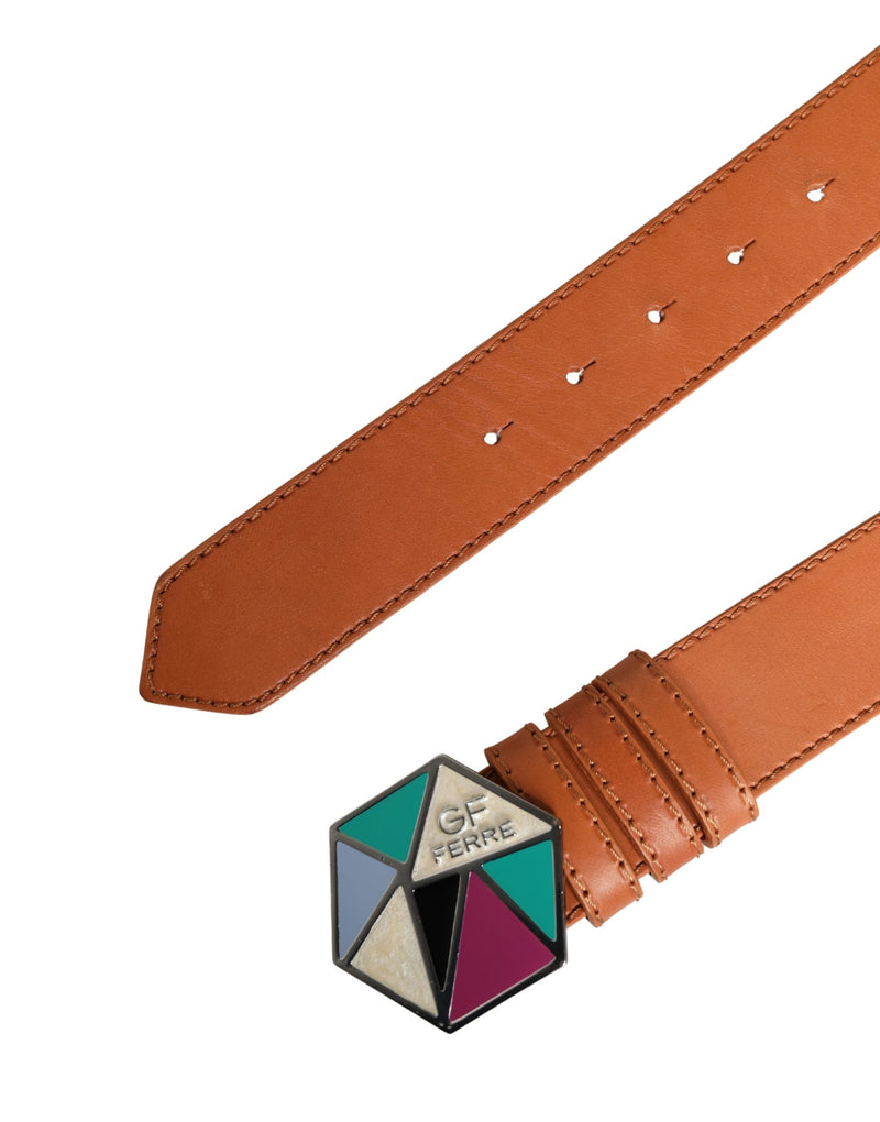 GF Ferre Orange Leather Hexagon Metal Buckle Waist Belt for Women