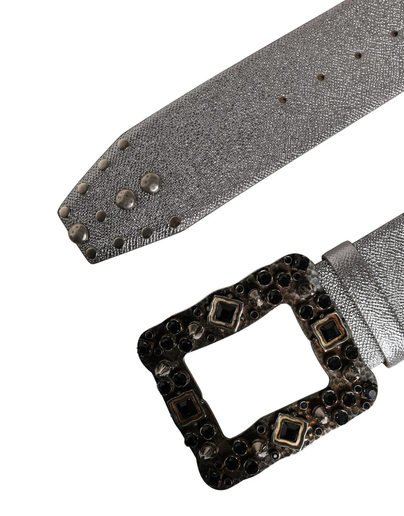 Dolce & Gabbana Silver Leather Crystal Metal Buckle Belt