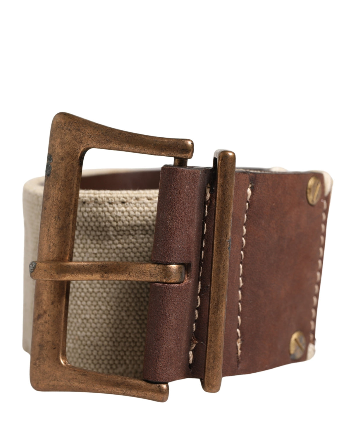 Ermanno Scervino Beige Brown Leather Canvas Belt with Metal Buckle