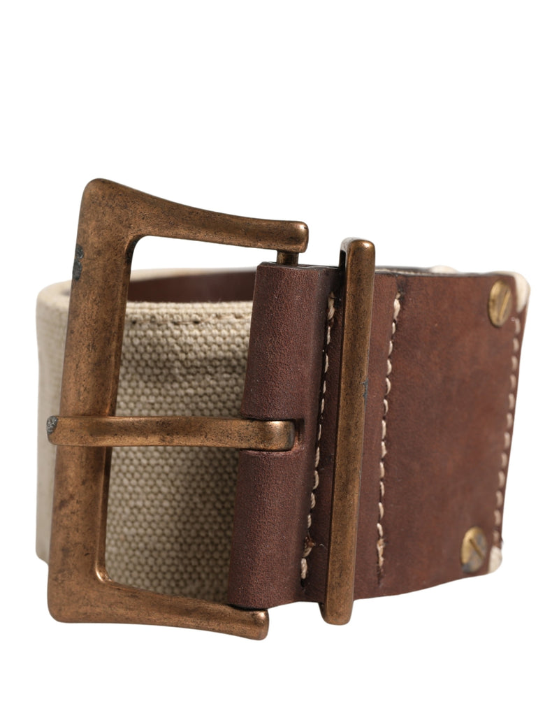 Ermanno Scervino Beige Brown Leather Canvas Belt with Metal Buckle