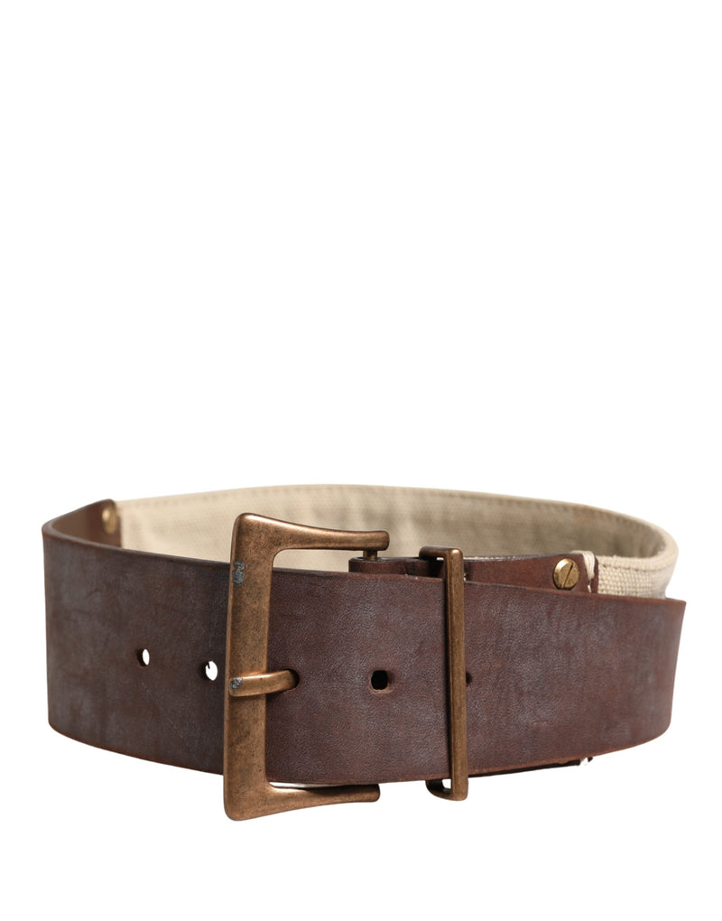 Ermanno Scervino Beige Brown Leather Canvas Belt with Metal Buckle