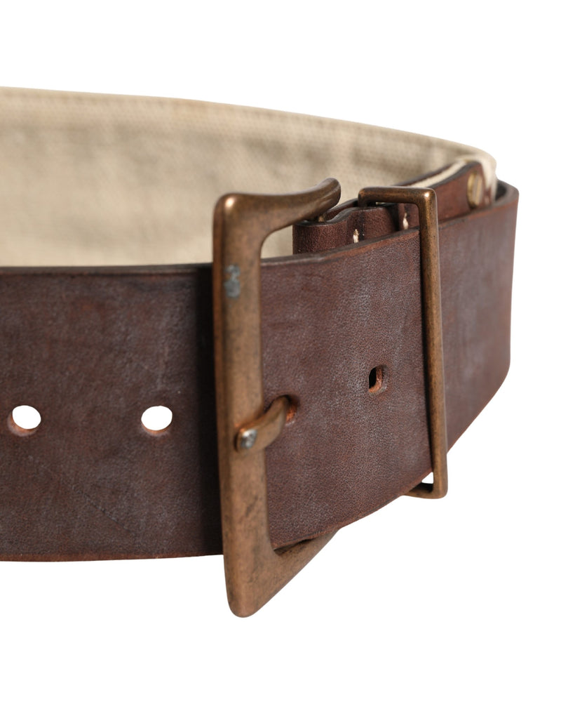 Ermanno Scervino Beige Brown Leather Canvas Belt with Metal Buckle