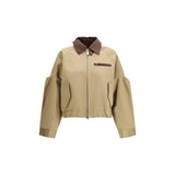 Sacai Beige Cotton Bomber Jacket with Leather Collar