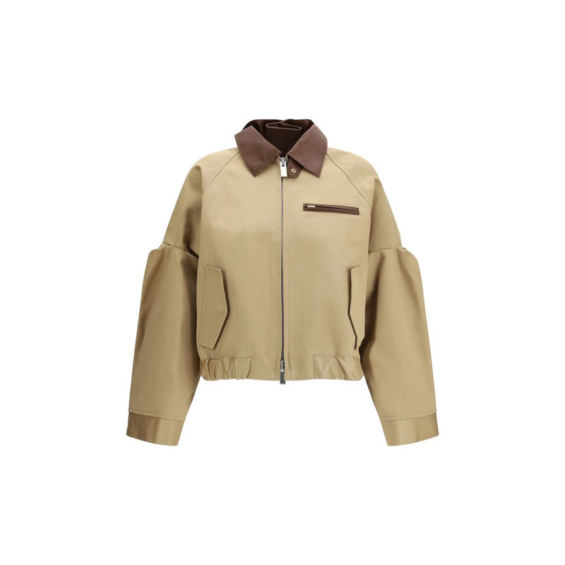 Sacai Beige Cotton Bomber Jacket with Leather Collar