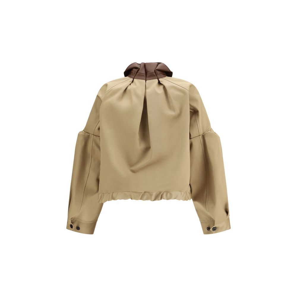 Sacai Beige Cotton Bomber Jacket with Leather Collar