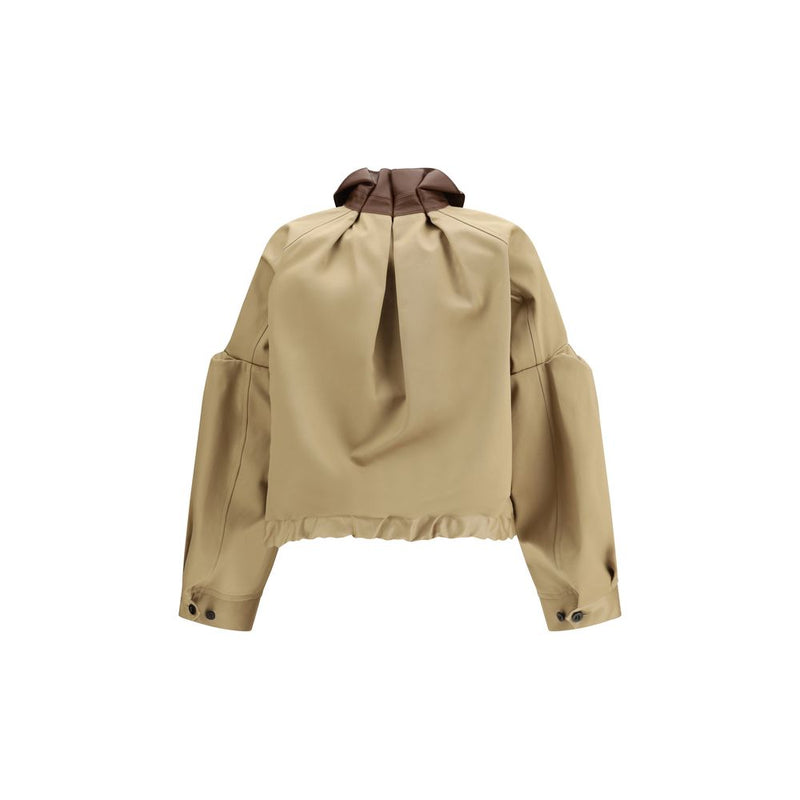 Sacai Beige Cotton Bomber Jacket with Leather Collar